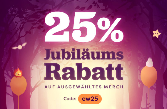 Illustration eines Waldes mit Ballons und kleinen magischen Kreaturen. Text: „25 % Jubiläumsrabatt auf ausgewähltes Merch. Code: ew25“