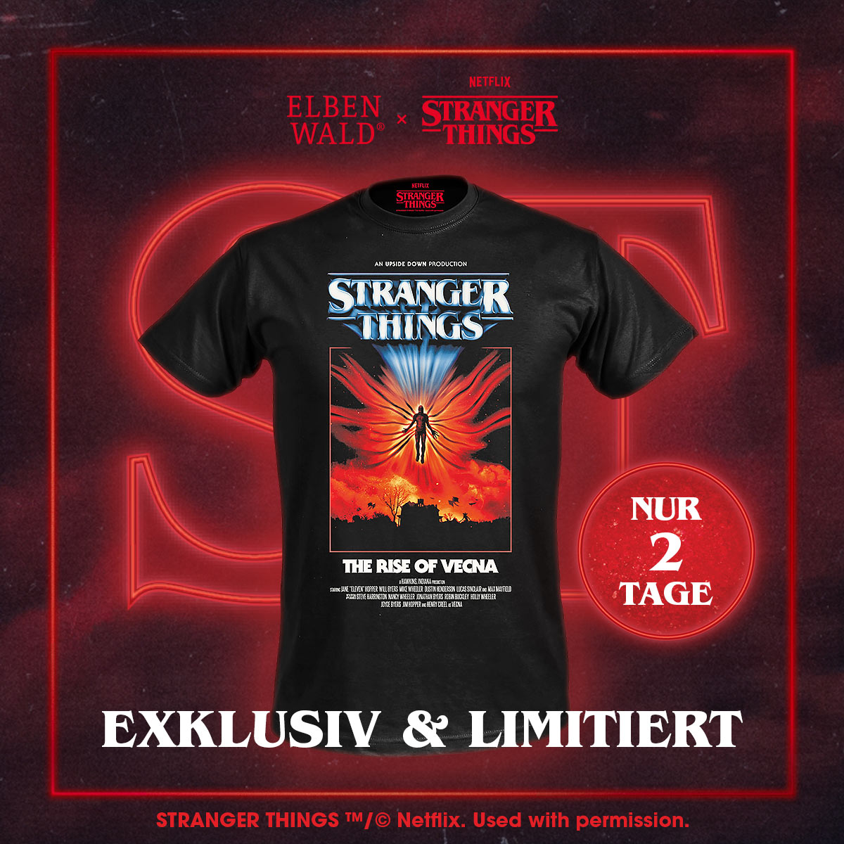 Schwarzes Stranger-Things-T-Shirt mit Poster-Motiv ‚The Rise of Vecna‘: eine schwebende Figur vor blau-rotem Lichtstrahl und feuriger Landschaft. Daneben ein runder Hinweis ‚Nur 2 Tage‘, darunter der Text ‚Exklusiv & limitiert‘.
