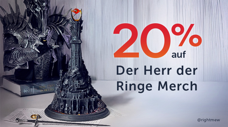 Sauron-Statue greift nach detailreicher Miniatur von Barad-dûr mit flammendem Auge. Text: 20 % auf Der Herr der Ringe Merch – Jetzt sparen. Foto: @rightmew. Elbenwald-Aktionsgrafik.