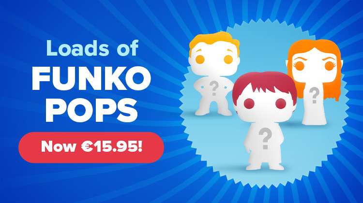 Three stylised Funko Pop! figures with question marks on their chests in front of a blue background. Text: Loads of Funko Pops – Now €15.95! Elbenwald promo graphic.