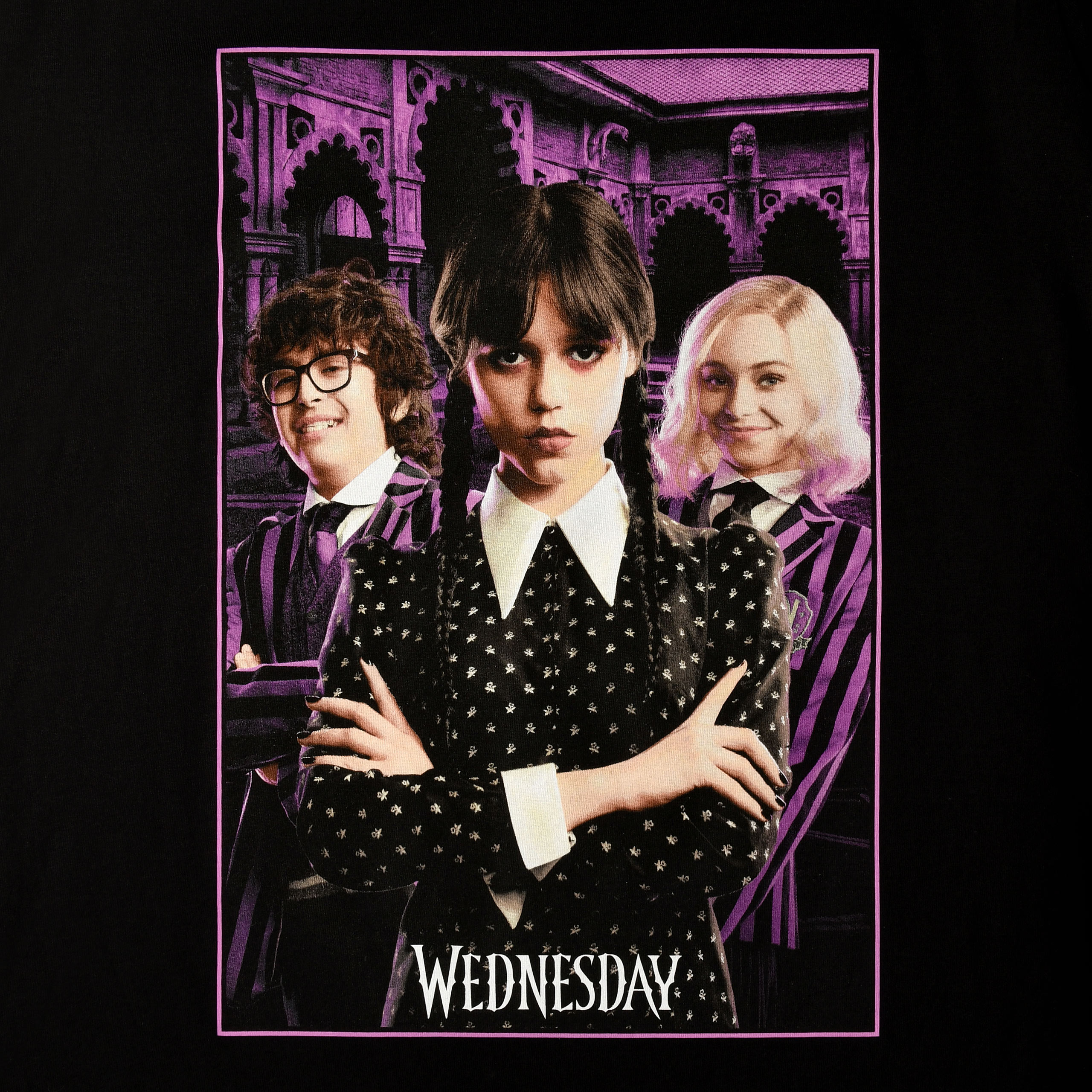 Wednesday met Enid en Eugene Collage T-Shirt zwart