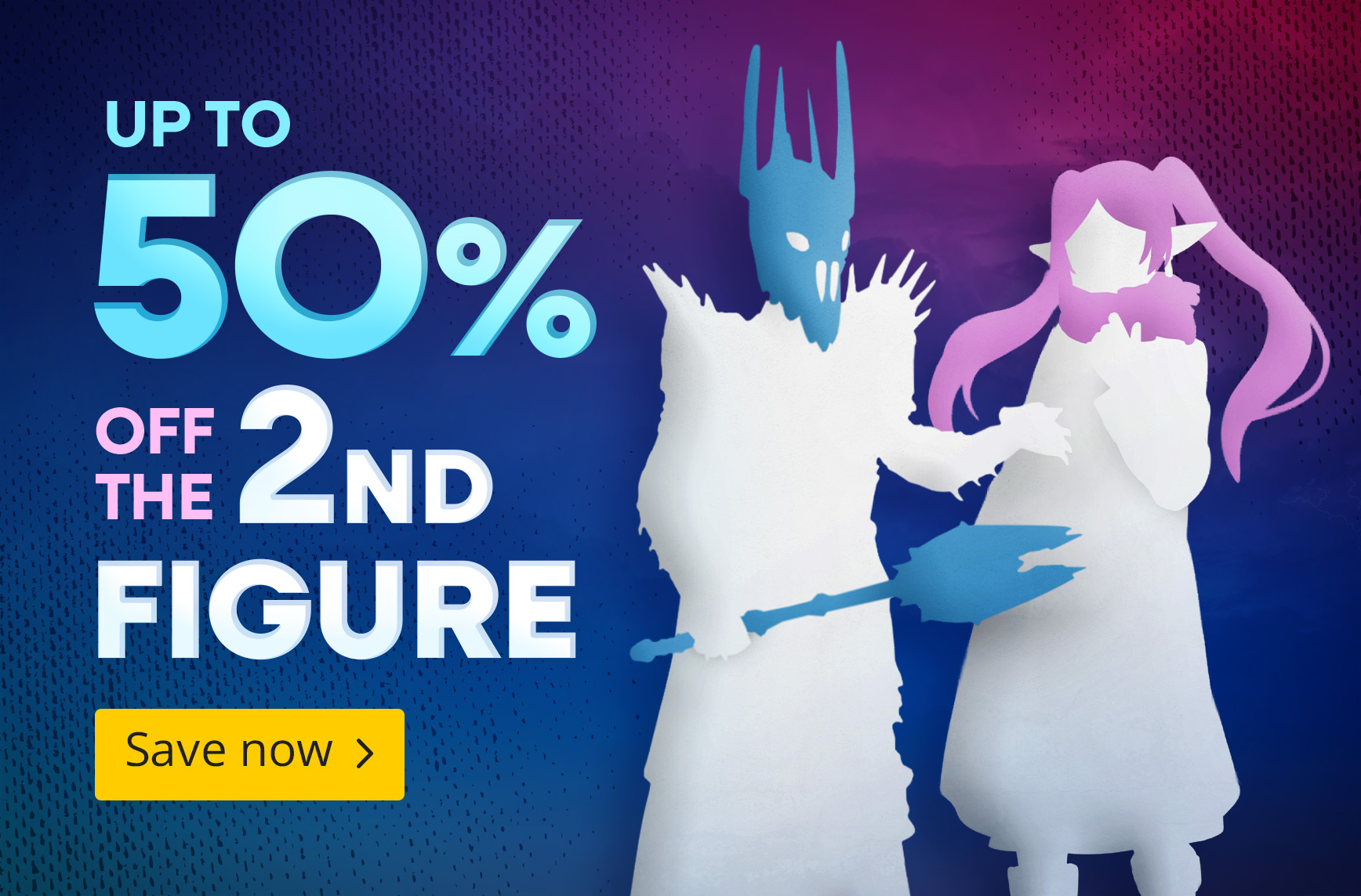 Promotional graphic showing up to 50% off the second figure. Two stylised figure silhouettes on a colourful background with a call to action to save now.