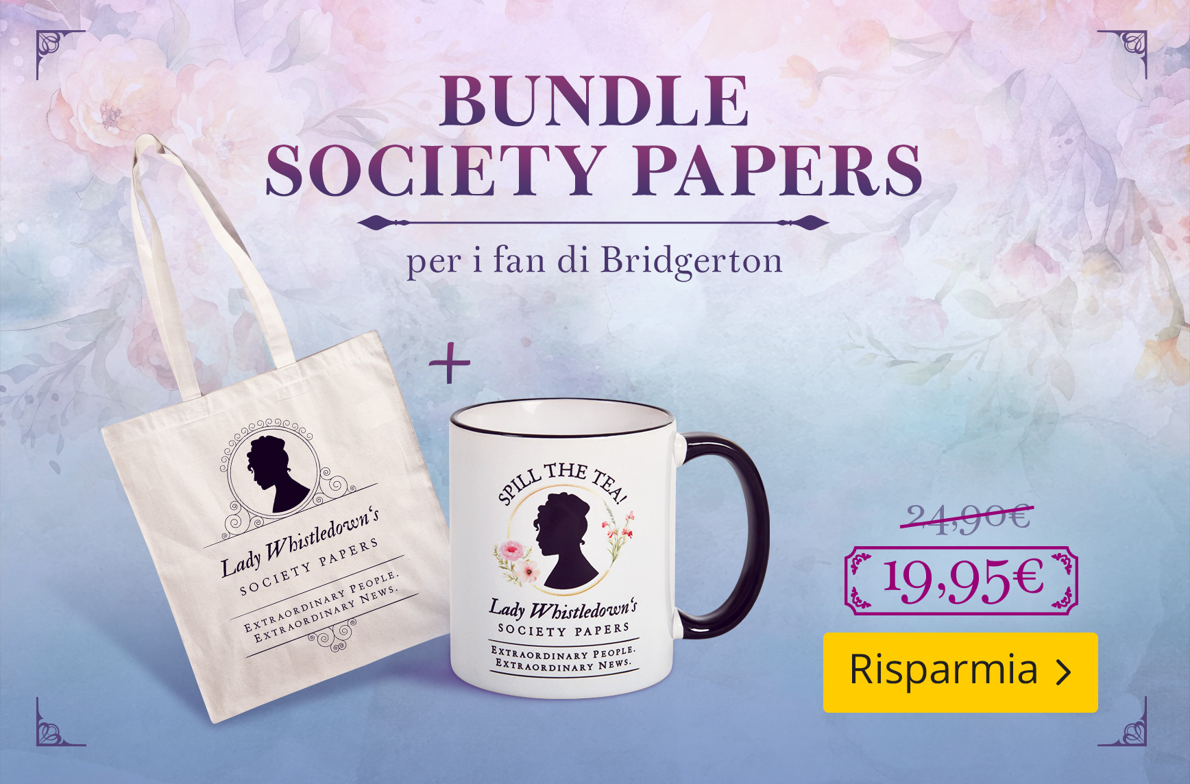Bundle Bridgerton Society Papers con borsa in stoffa e tazza dal design di Lady Whistledown, proposto come set scontato per fan di Bridgerton.
