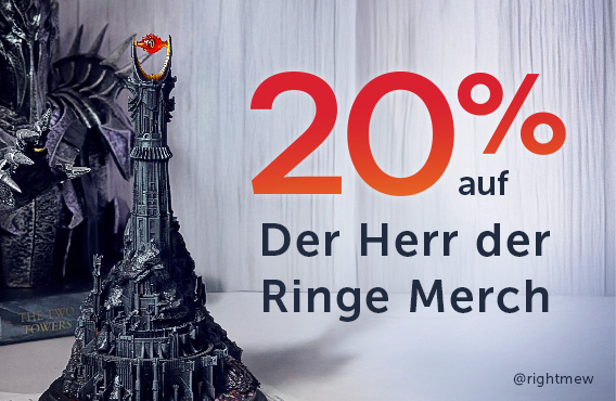 Sauron-Statue greift nach detailreicher Miniatur von Barad-dûr mit flammendem Auge. Text: 20 % auf Der Herr der Ringe Merch – Jetzt sparen. Foto: @rightmew. Elbenwald-Aktionsgrafik.
