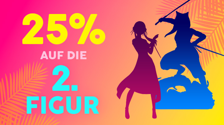 Teaserbild mit dem Text „25 % auf die 2. Figur“. Zwei stilisierte Anime- oder Game-Figuren vor buntem Hintergrund mit Palmen-Silhouetten.