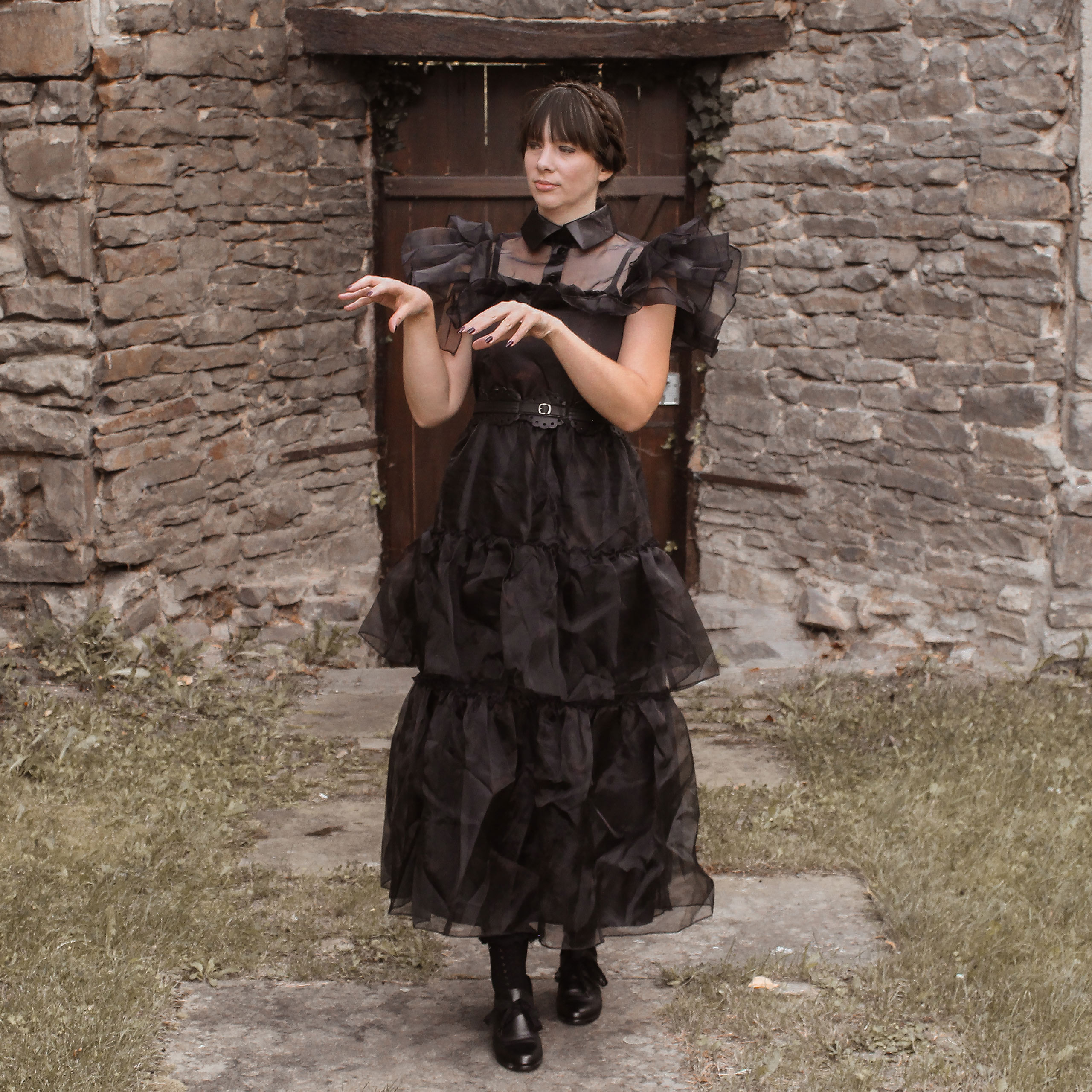 Robe Gothique Mercredi Addams - Tulle Noir, Dentelle, Manches Longues, Parfaite Pour Halloween Ou Cosplay