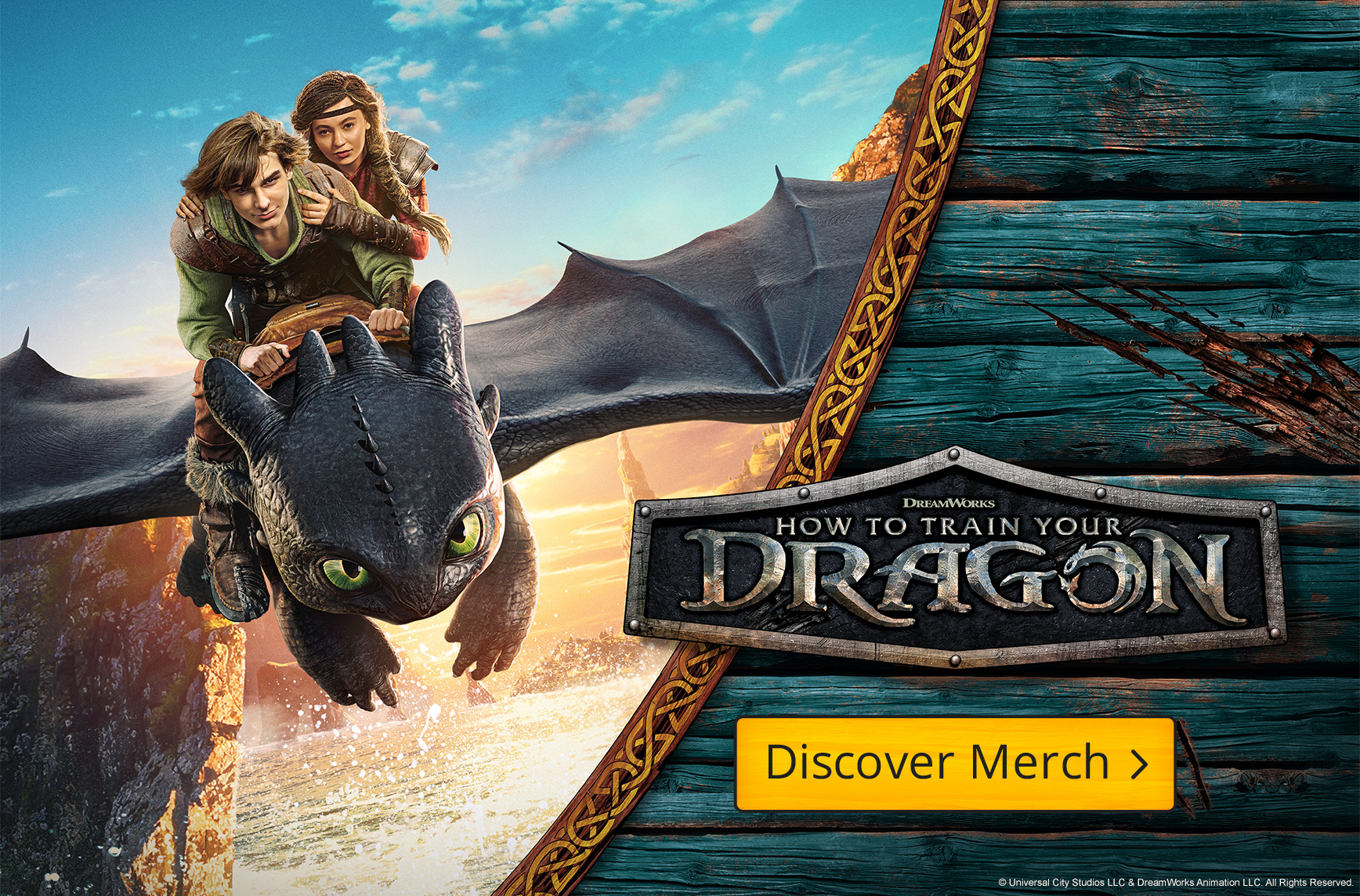 Hiccup and Astrid riding the dragon Toothless over a rocky coastline, with the logo "How to Train Your Dragon". Button: Discover Merch. Elbenwald promo graphic.