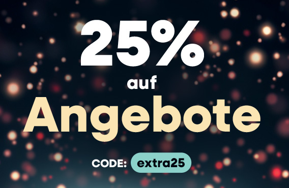 Mini-Teaser mit Text „25 % auf Angebote“, Rabattaktion mit Code extra25 auf dunklem, funkelndem Hintergrund.