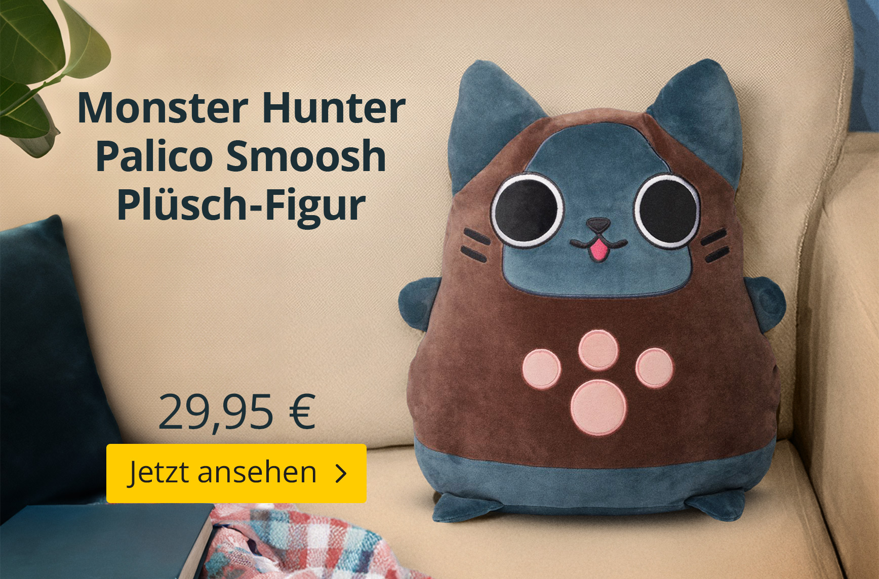 Monster Hunter Palico Smoosh Plüschfigur mit Katzenmotiv auf einem Sessel, Preis 29,95 Euro, Button „Jetzt ansehen“.