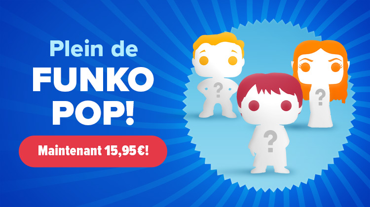 Trois figurines Funko Pop! stylisées avec un point d'interrogation sur la poitrine sur fond bleu. Texte : Plein de Funko Pop! – Maintenant 15,95€! Visuel promotionnel Elbenwald.