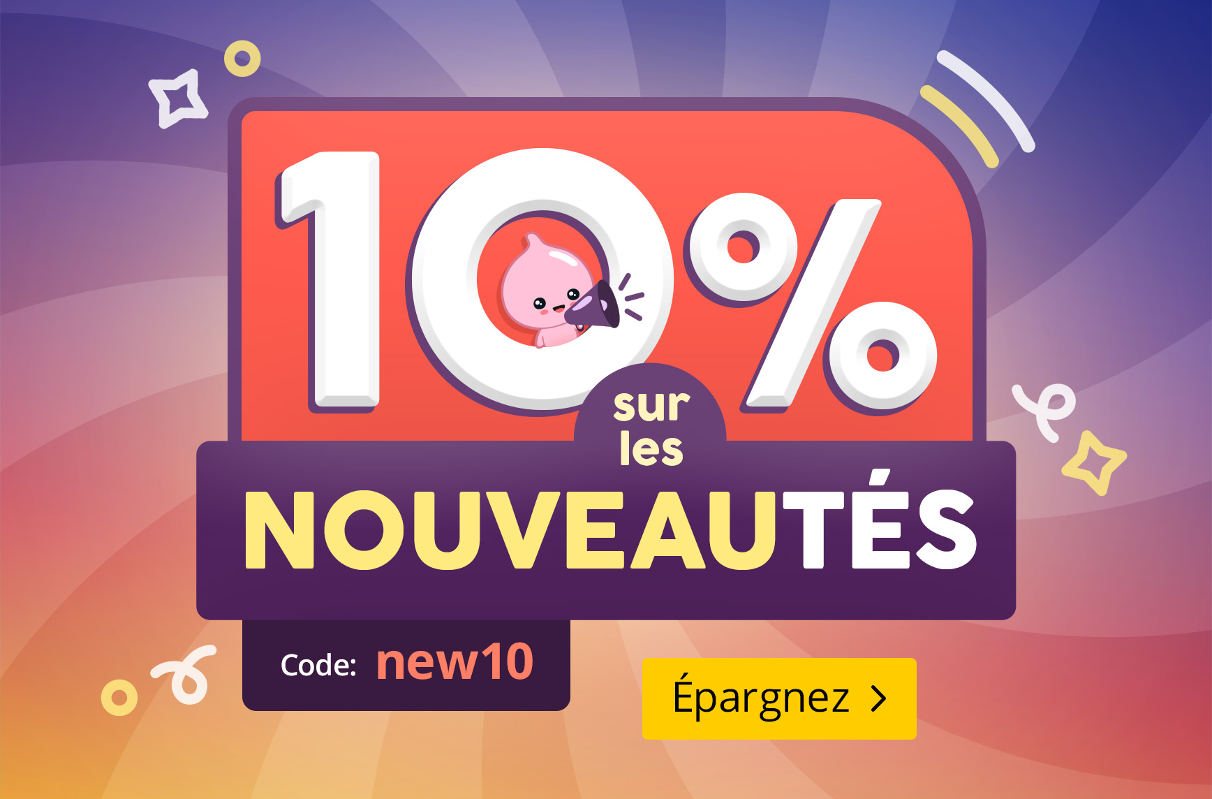 Graphique coloré avec le texte "10 %" et une petite mascotte mignonne avec un mégaphone dans le zéro. Texte : 10 % sur les nouveautés – Code : new10 – Économisez maintenant. Visuel promotionnel Elbenwald.