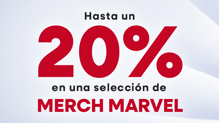 Gráfico promocional con un gran símbolo de porcentaje rojo sobre fondo claro. Texto: Hasta un 20 % de descuento en merchandising Marvel seleccionado.