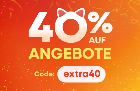 40 % Rabatt auf Angebote mit Gutscheincode extra40 auf orangefarbenem Hintergrund.