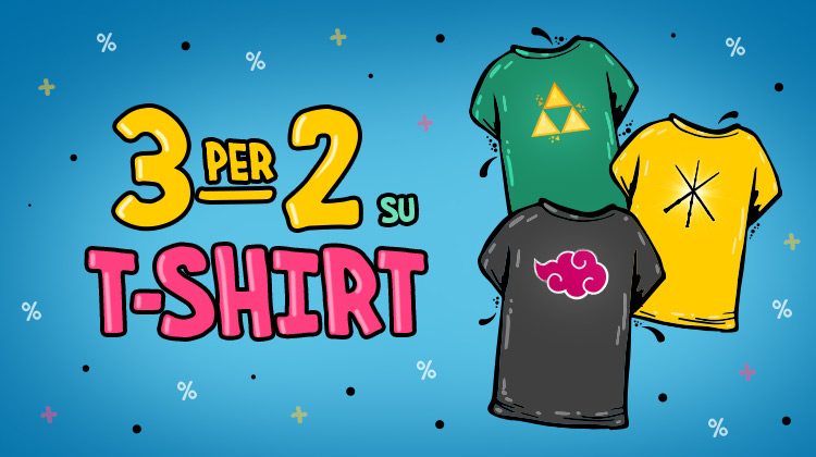 Illustrazione con tre magliette nerd su sfondo blu e testo: 3 per 2 su T-shirt – Risparmia. Promozione Elbenwald.