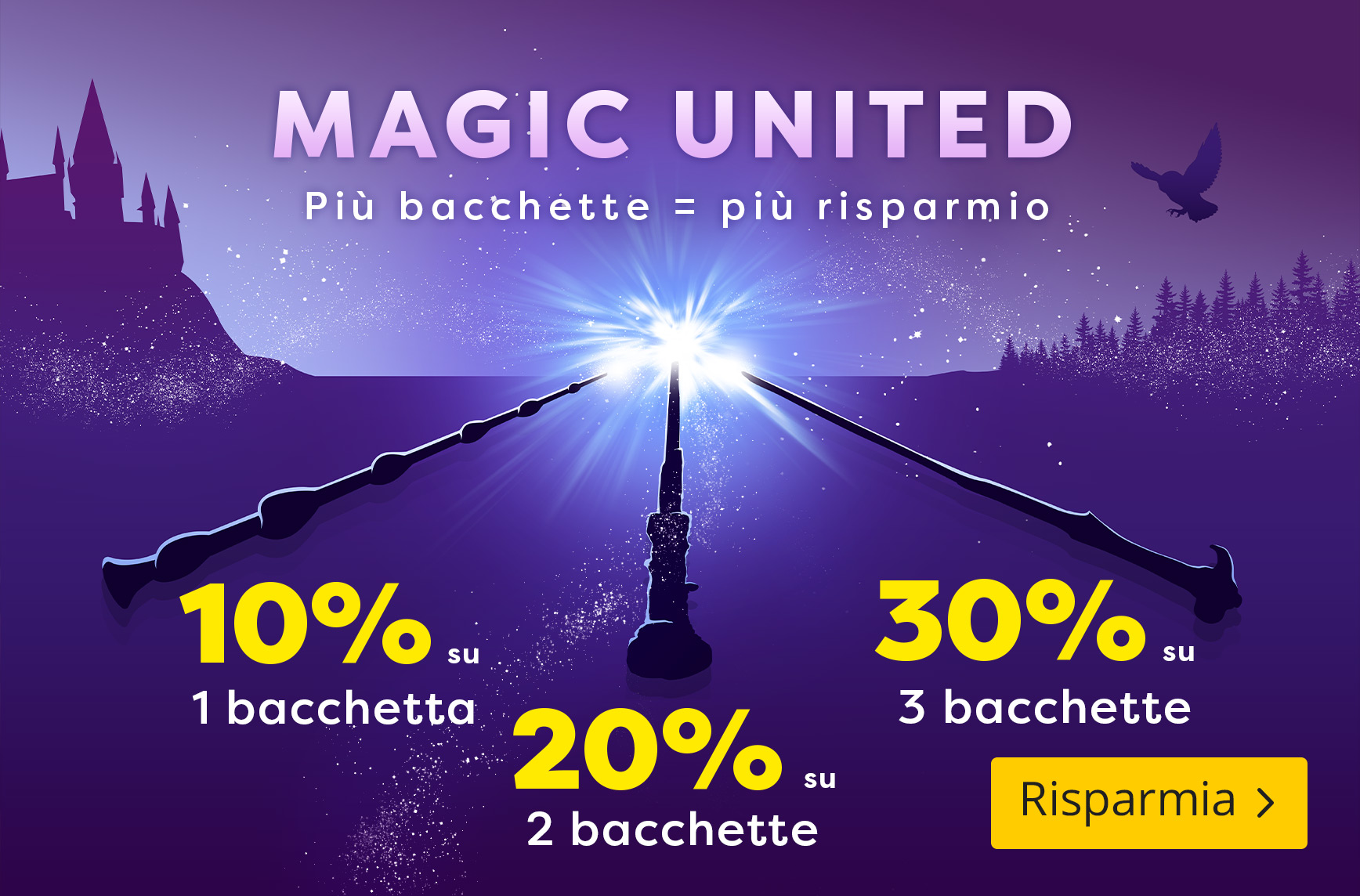 Tre bacchette magiche incrociate con luce brillante. Testo: Magic United, più bacchette acquisti più risparmi. 10% su 1 bacchetta, 20% su 2 bacchette, 30% su 3 bacchette.