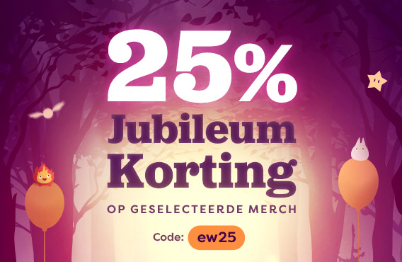 Illustratie van een bos met ballonnen en kleine magische wezentjes. Tekst: “25% jubileum korting op geselecteerde merch. Code: ew25”
