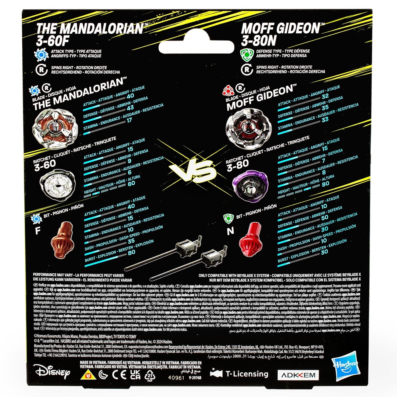 Collaboration Beyblade X et Star Wars The Mandalorian 3-60F vs. Moff Gideon 3-80N