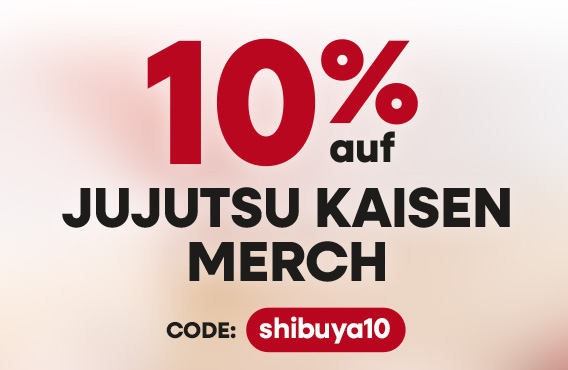 Grafischer Teaser mit Text: 10 % auf Jujutsu Kaisen Merch. Gutscheincode shibuya10.