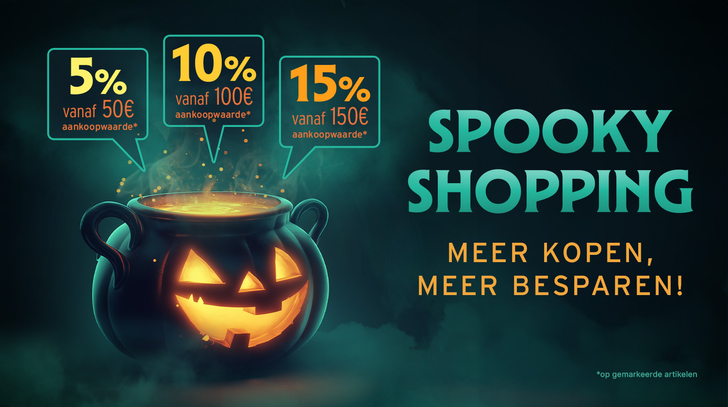 Zwarte ketel met gloeiend pompoengezicht en dampend toverdrank. Tekst: “Spooky Shopping – Meer kopen, meer besparen!”. Kortingen: “5% vanaf €50, 10% vanaf €100, 15% vanaf €150 bestelwaarde”.