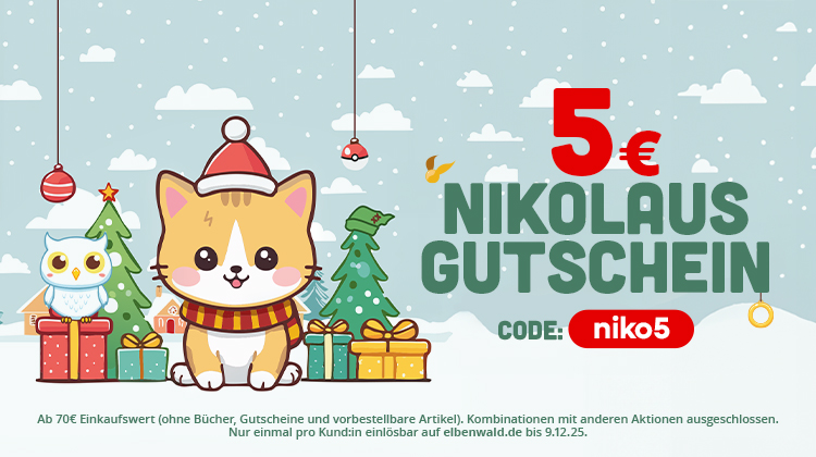 Kawaii-Wintermotiv mit Katze im Nikolausmützchen und Eule vor Geschenken und Tannenbäumen im Schnee. Text: 5 € Nikolaus Gutschein, Code niko5.