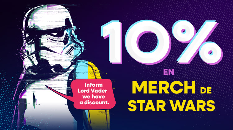 Stormtrooper con estilo glitch sobre fondo oscuro. Texto: 10 por ciento de descuento en merchandising de Star Wars, bocadillo con promoción.