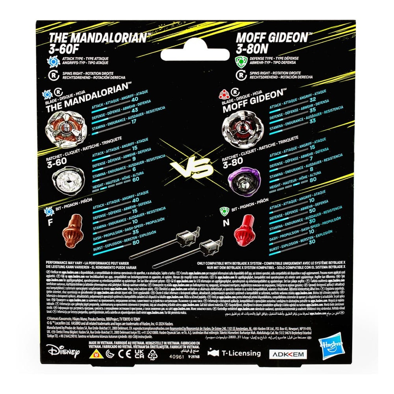 Collaboration Beyblade X et Star Wars The Mandalorian 3-60F vs. Moff Gideon 3-80N