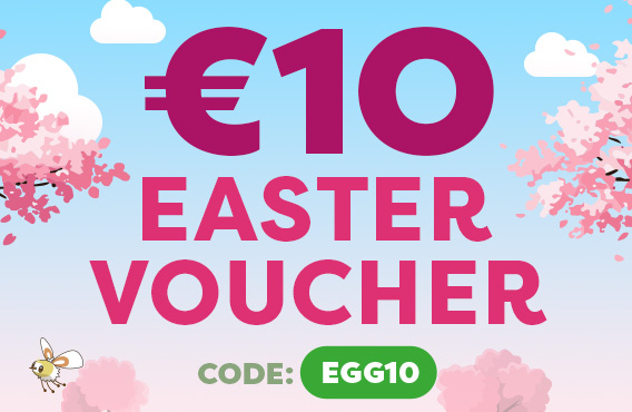 Cherry blossom spring design with text: €10 Easter voucher, code EGG10.