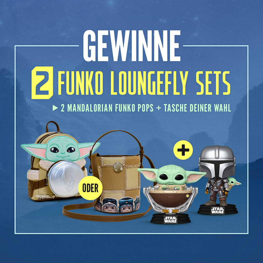 Gewinne eines von 2 Star Wars Funko Loungefly Sets zu The Mandalorian & Grogu mit zwei Funko Pops und einer Tasche deiner Wahl – entweder Grogu-Rucksack oder Crossbody Bag – vor blauem Sci-Fi-Hintergrund.
