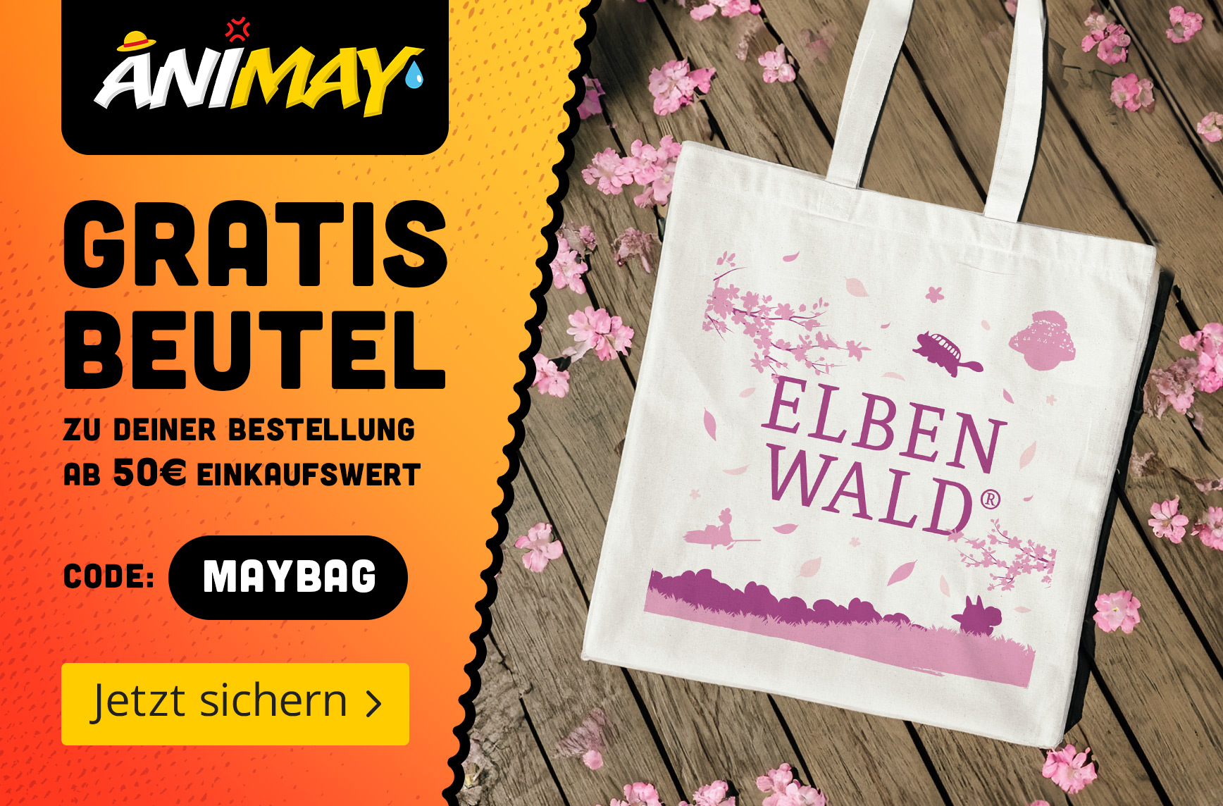 Stoffbeutel mit Elbenwald-Logo und Kirschblüten-Design liegt auf Holzboden, umgeben von rosa Blüten. Text: Gratis Beutel zu deiner Bestellung ab 50 Euro Einkaufswert, Code: maybag, Jetzt sichern.