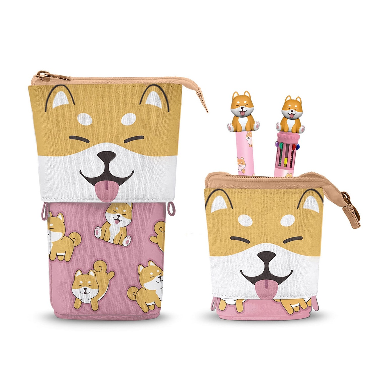 Oh My Pop! Pop Up Pencil Case with 10-Color Ballpoint Pen & Erasable Gel Pen Shiba