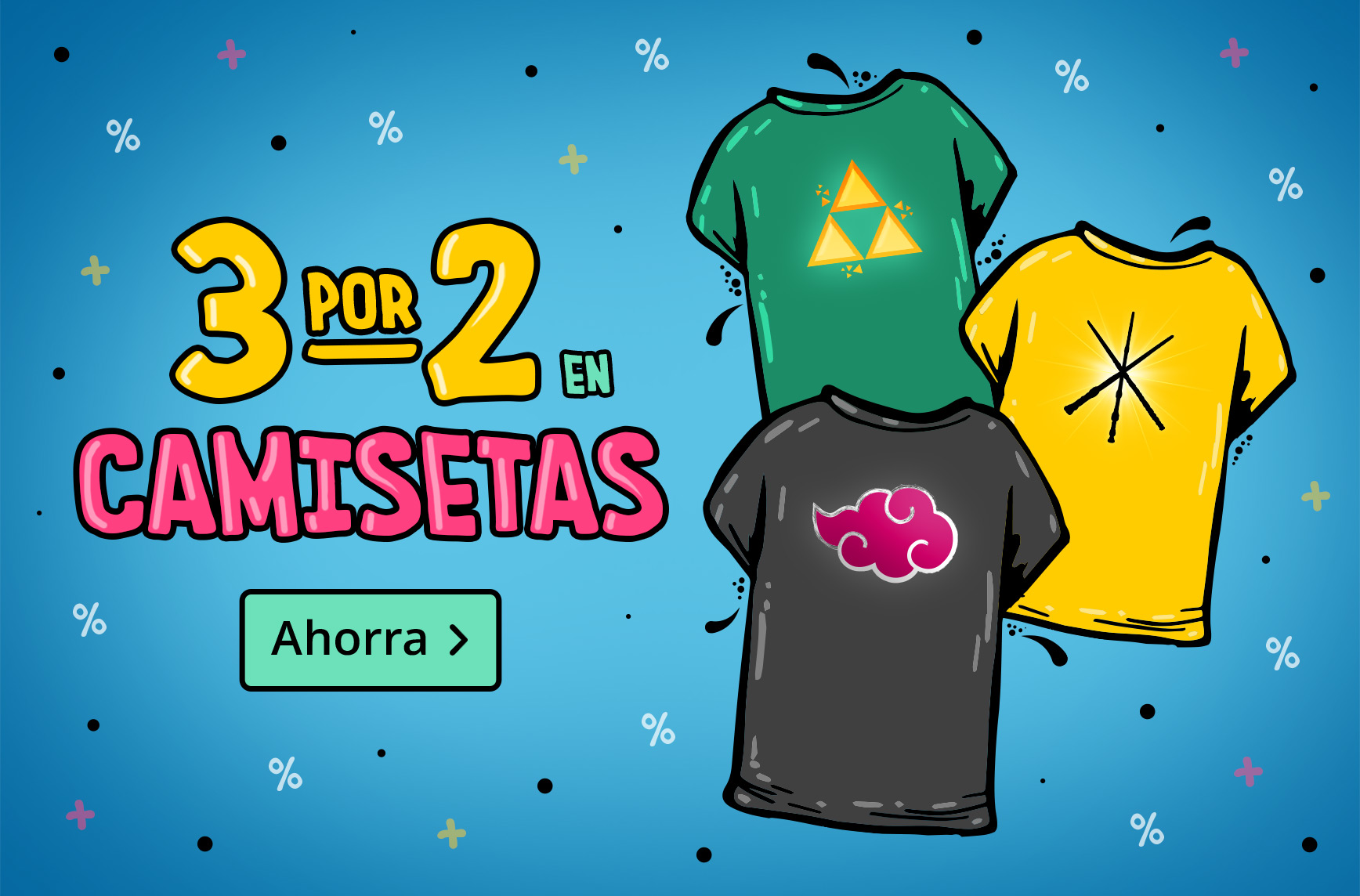 Ilustración con tres camisetas frikis sobre fondo azul y texto: 3 por 2 en camisetas – Ahorra. Promoción de Elbenwald.