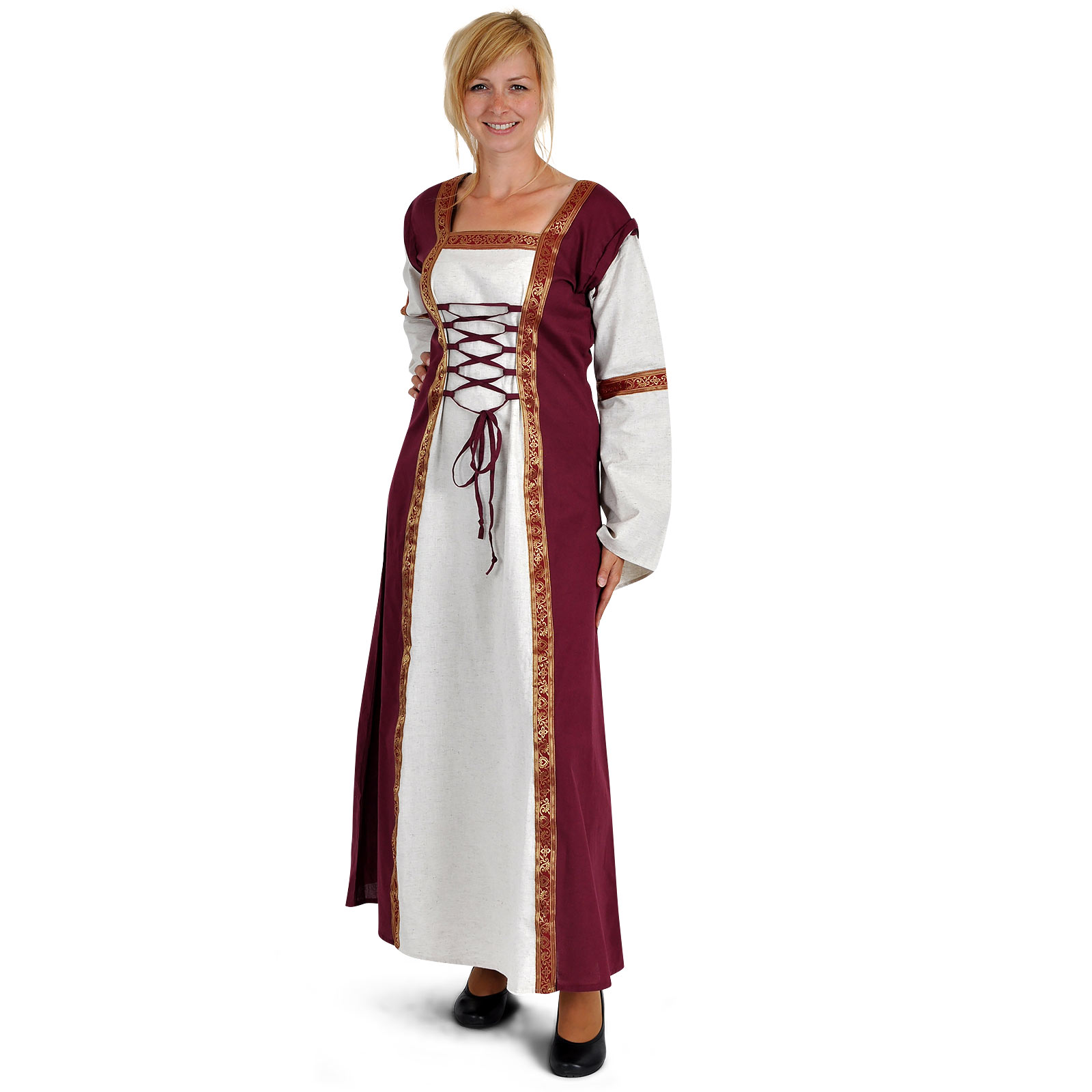 Middeleeuwse jurk Applonia met afneembare mouwen natuur-bordeaux