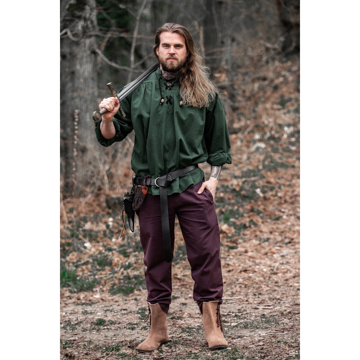 Medieval Stand-Up Collar Lace-Up Shirt Georg mottled green