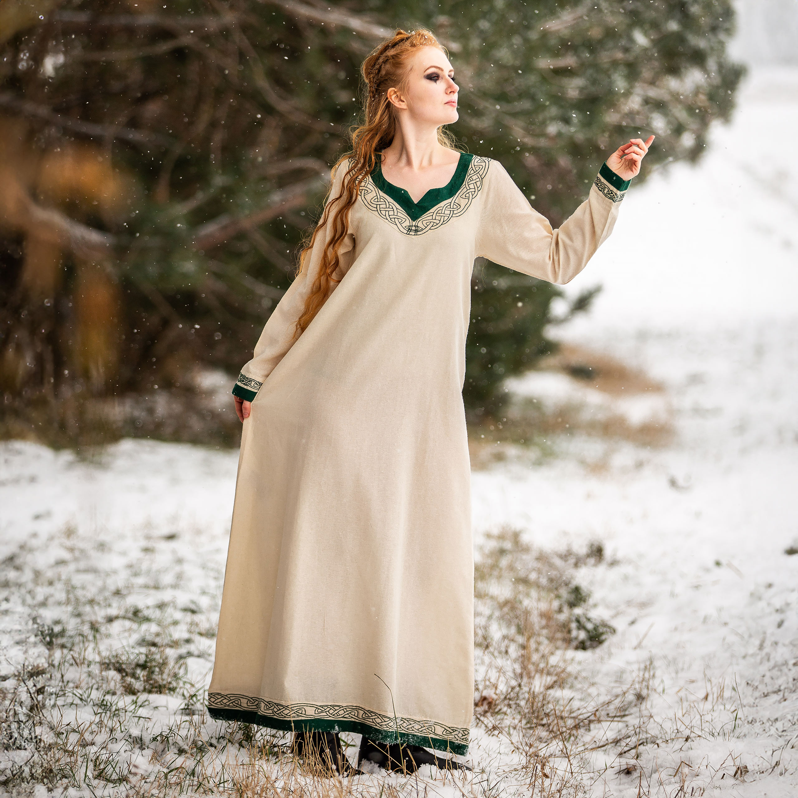 Medieval Dress with Embroidery Beige-Green