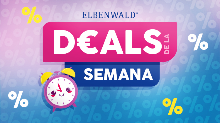 Gráfico de colores con el texto "Deals de la semana" en rosa y azul, fondo lleno de símbolos de porcentaje. Reloj despertador adorable con carita en la esquina inferior. Botón: Ahorra. Gráfico promocional de Elbenwald.