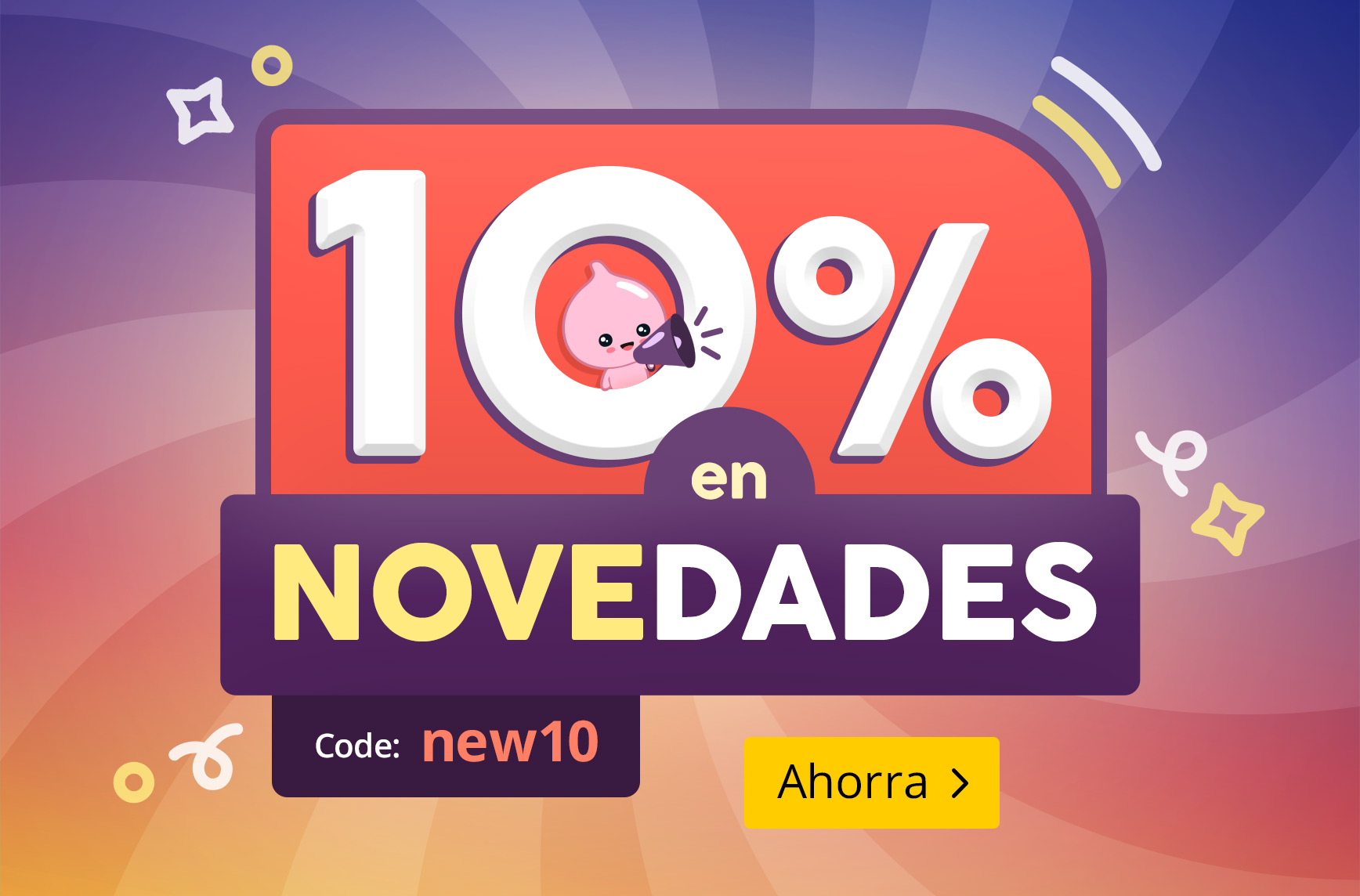 Gráfico colorido de descuento con el texto "10%" y una mascota adorable con megáfono dentro del cero. Texto: 10% en novedades – Código: new10 – Ahorra ahora. Gráfico promocional de Elbenwald.