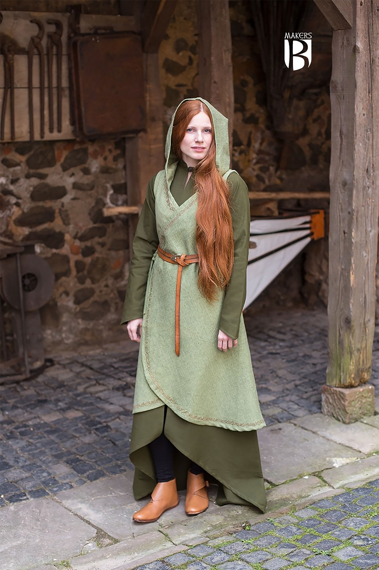 Medieval Wrap Dress Dala with Hood Green