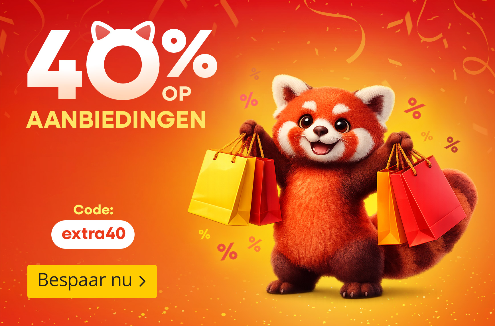 Rode panda met boodschappentassen voor een oranje achtergrond. Tekst: 40% korting op aanbiedingen met code extra40. Bespaar nu.