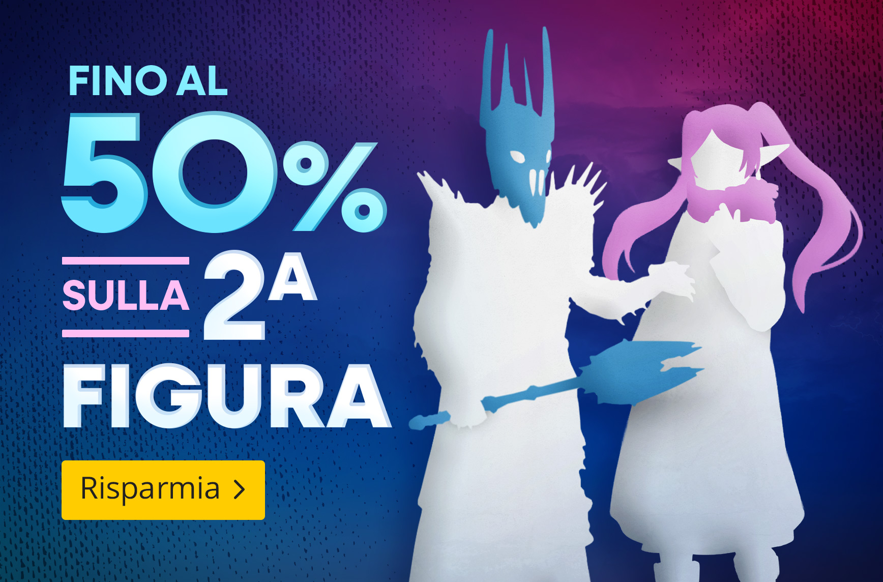 Grafica promozionale con sconto fino al 50% sulla seconda figura. Due sagome stilizzate di figure su sfondo colorato con invito all’acquisto.