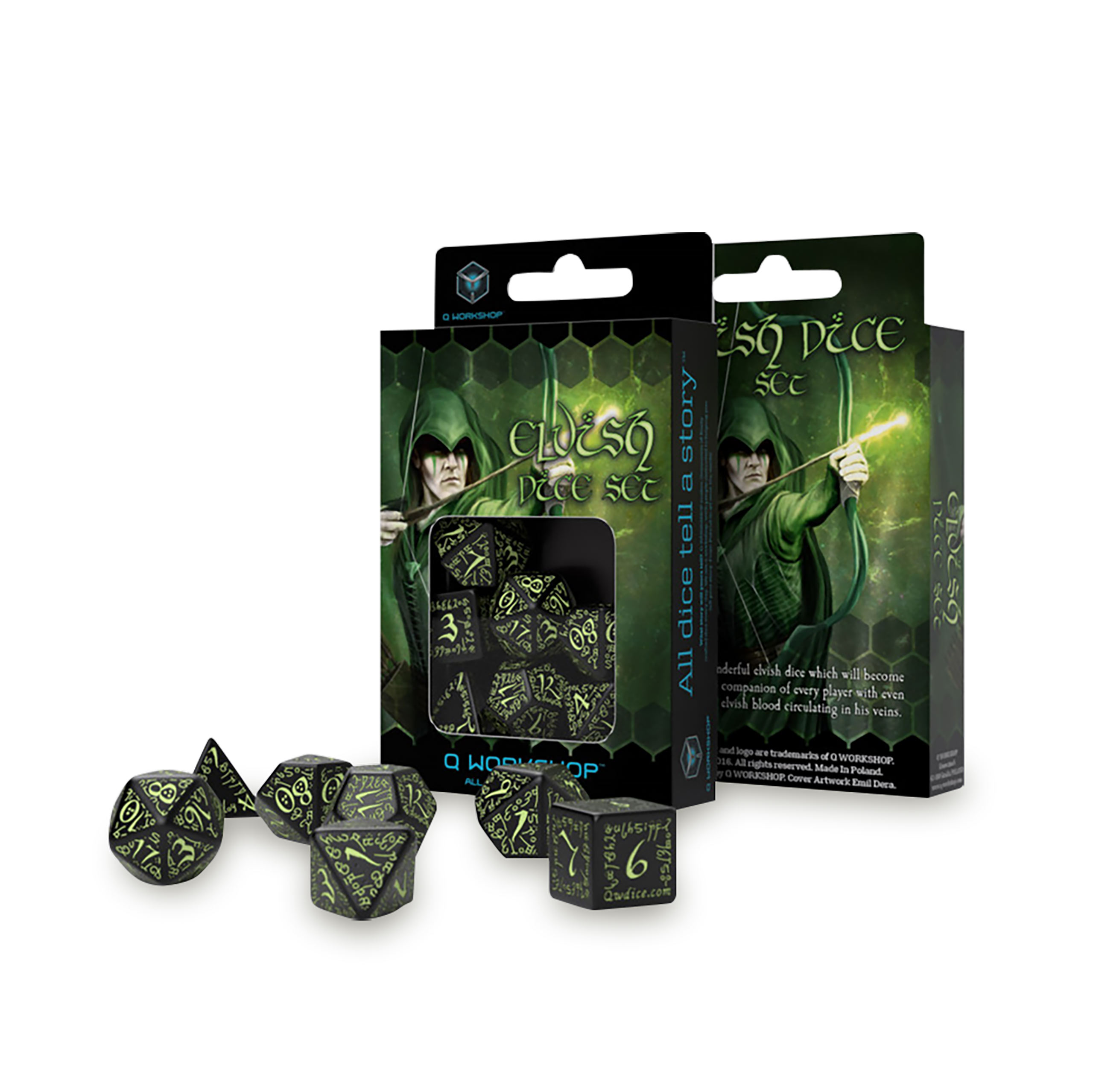 Elvish RPG Dice Set 7pcs Glow in The Dark Edition