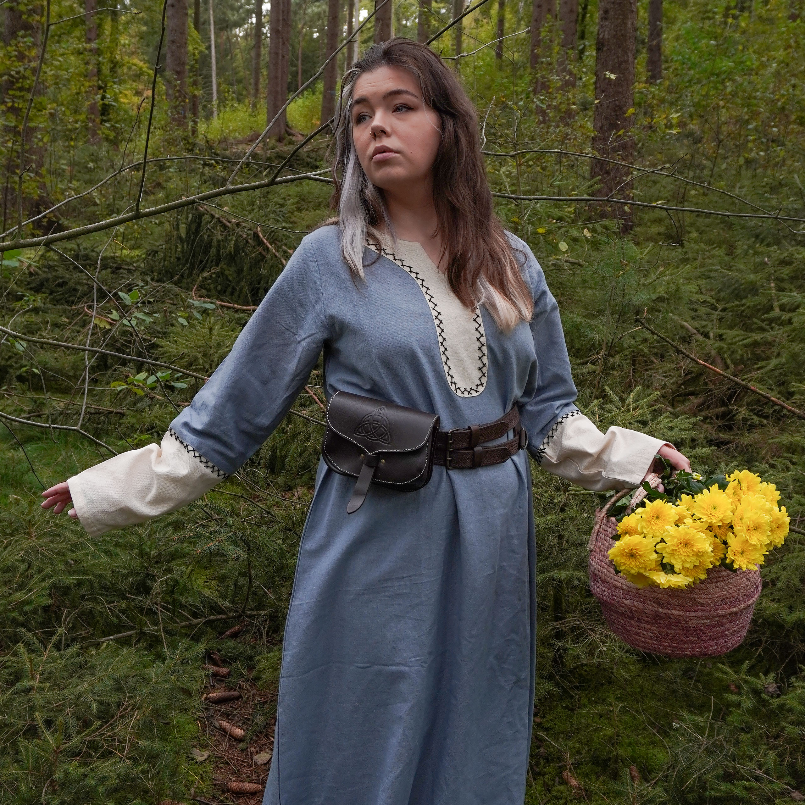 Medieval dress with hand embroidery blue