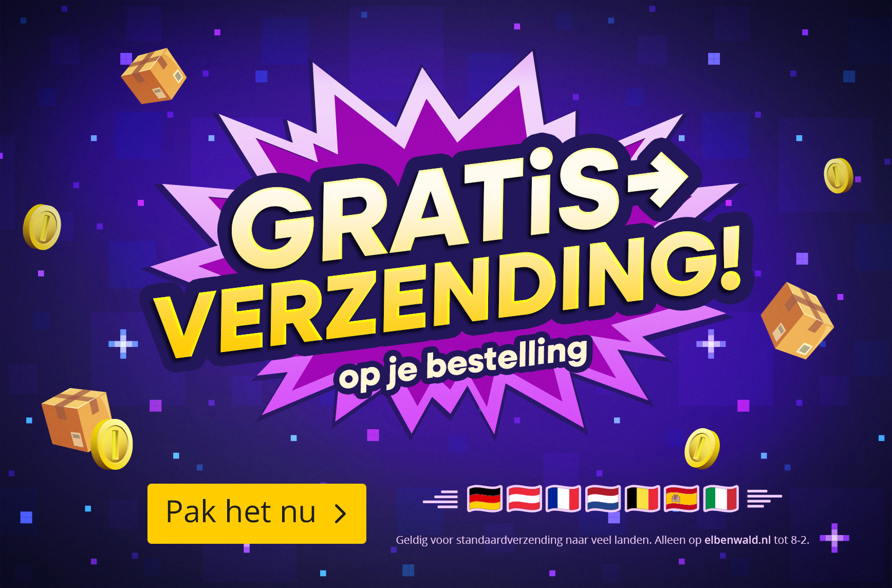 Promotionele afbeelding met de tekst “Gratis verzending op je bestelling”, met pakketten en munten en een knop. Kleine lettertjes: Geldig voor standaardverzending naar veel landen, alleen op elbenwald.nl tot 8-2.