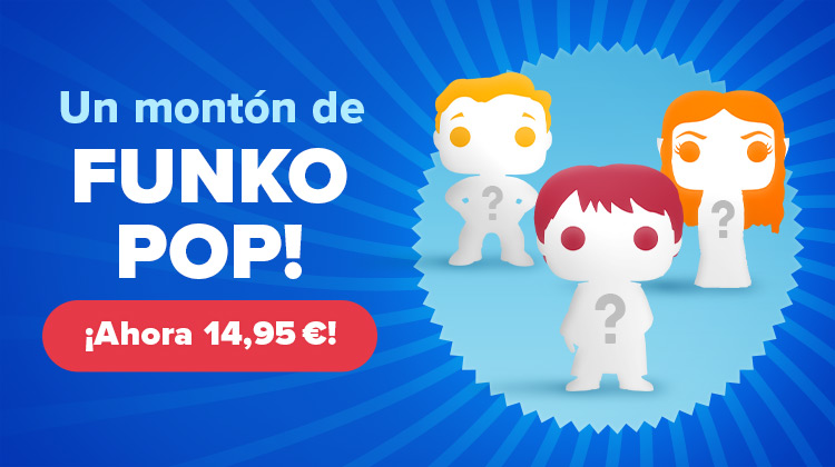 Tres figuras estilizadas de Funko Pop! con signos de interrogación en el pecho sobre fondo azul. Texto: Un montón de Funko Pop! – ¡Ahora 14,95€! – Todos los Funkos. Gráfico promocional de Elbenwald.