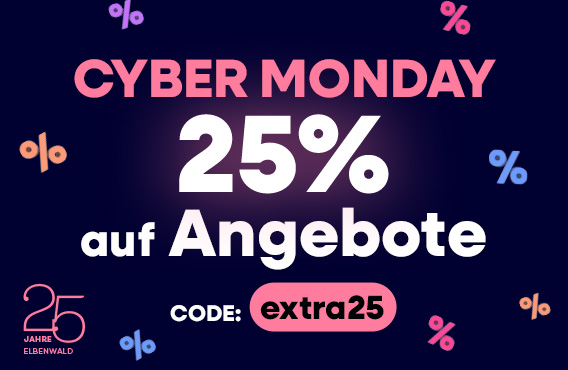 Cyber-Monday-Miniteaser mit bunten Prozentzeichen auf dunkelblauem Hintergrund. Text: Cyber Monday, 20 Prozent auf Angebote, Code extra20.