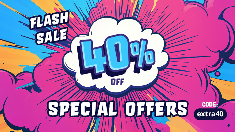 Colourful comic-style graphic with speech bubble: 40% off deals. Text: Flash Sale – Code: extra40 – Save now. Elbenwald promo graphic.