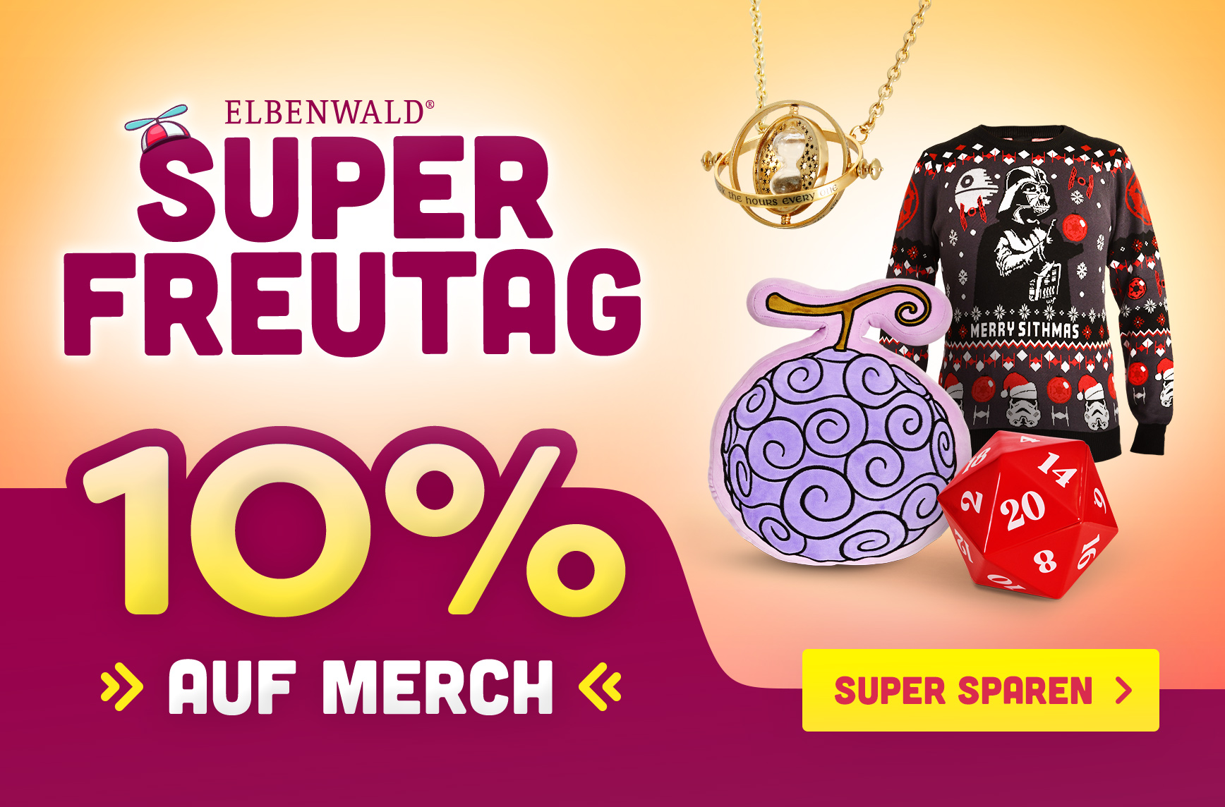 Teaser zum Super Freutag von Elbenwald mit 10 Prozent auf Merch. Abgebildet sind ein Zeitumkehrer, ein Star-Wars-Weihnachtspullover, ein One-Piece-Fruchtkissen und ein großer roter D20-Würfel vor einem warmen Farbverlauf.