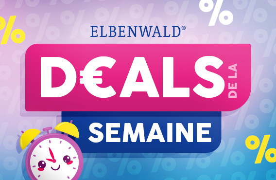 Graphique coloré avec l'inscription "Deals de la semaine" en rose et bleu, fond rempli de pourcentages. Petit réveil mignon avec visage en bas à gauche. Bouton : Épargnez. Visuel promotionnel Elbenwald.