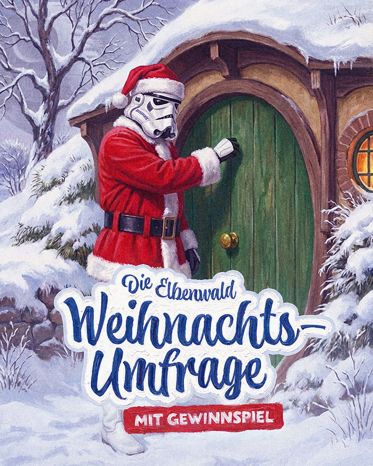 Ein als Weihnachtsmann verkleideter Stormtrooper klopft im verschneiten Auenland an die grüne Tür von Bilbos Hobbit-Höhle – Illustration zur Elbenwald Weihnachtsumfrage mit Gewinnspiel.