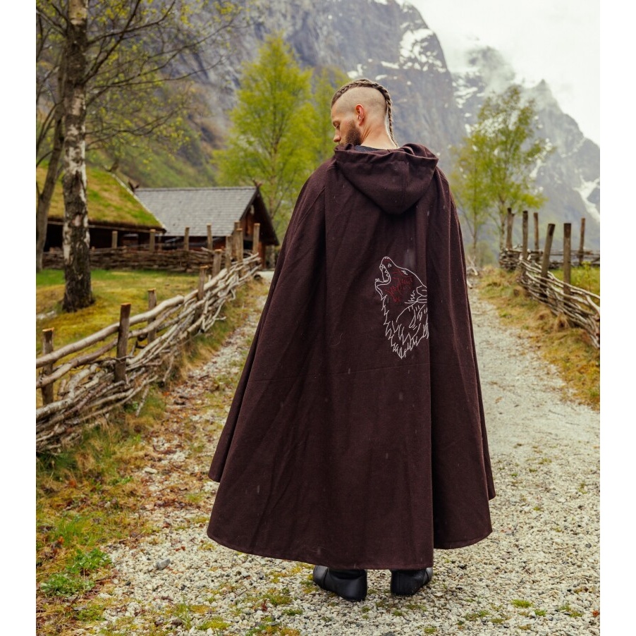 Medieval Viking Cloak Alpha with Wolf Embroidery brown