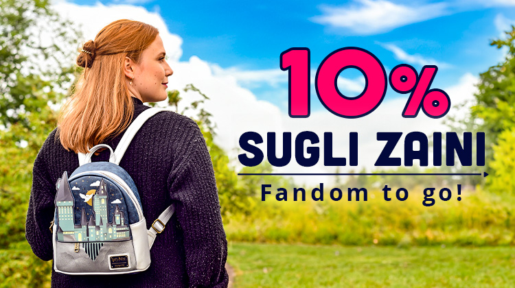 Donna con zaino di Harry Potter in un prato verde, testo: ‘-10% su zaini – Fandom to go!’
